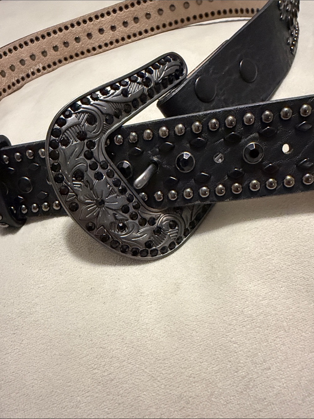 Nocona Black Studded Leather Belt with Floral Tooled Buckle